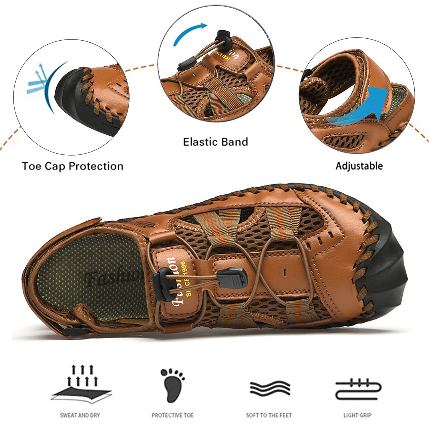 Men's Leather Sandals Handmade Shoes Closed Toe Sandals Casual Beach Outdoor  Mesh Breathable Elastic Band Shoes Red-brown Black Green Summer