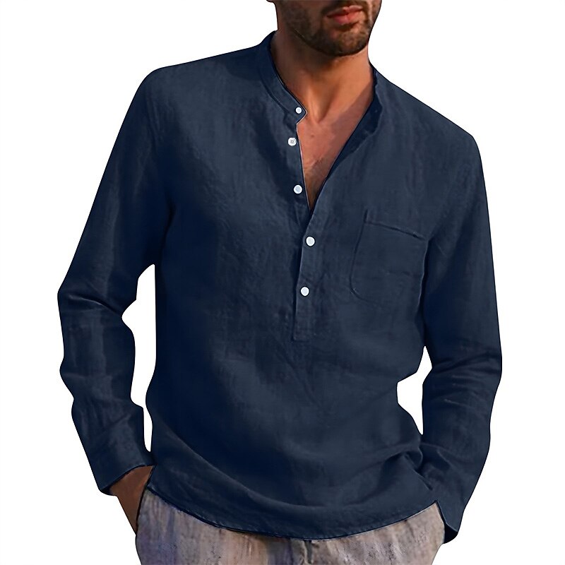 Men's Shirt Linen Shirt Band Collar Shirt Summer Shirt Beach Wear Solid Color Street Hawaiian Light Blue Wine Red Black White Long Sleeve Collar Summer Spring Clothing Apparel