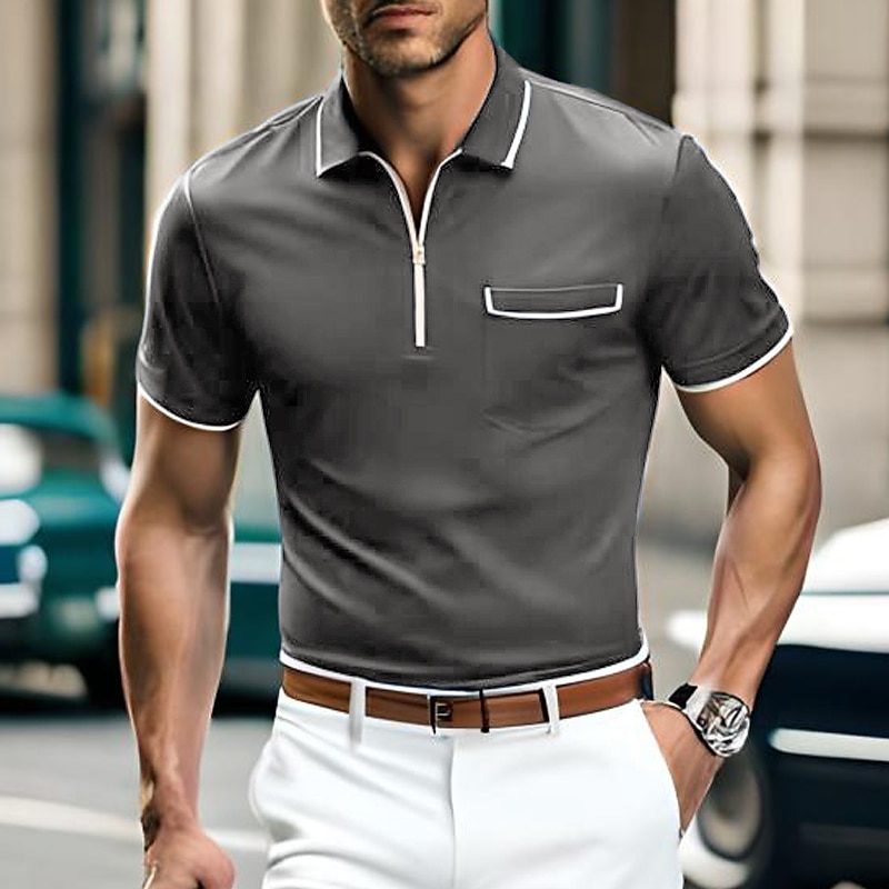 Men's Zip Polo Golf Shirt Casual Holiday Lapel Quarter Zip Short Sleeve Fashion Basic Plain Quarter Zip Summer Regular Fit Black Blue Orange Green Gray Zip Polo