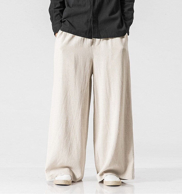 Men's Linen Pants Trousers Summer Pants Beach Pants Wide Leg Flowy Plain Comfort Breathable Full Length Casual Holiday Yoga Linen / Cotton Blend Fashion Streetwear Loose Fit Black Navy Blue
