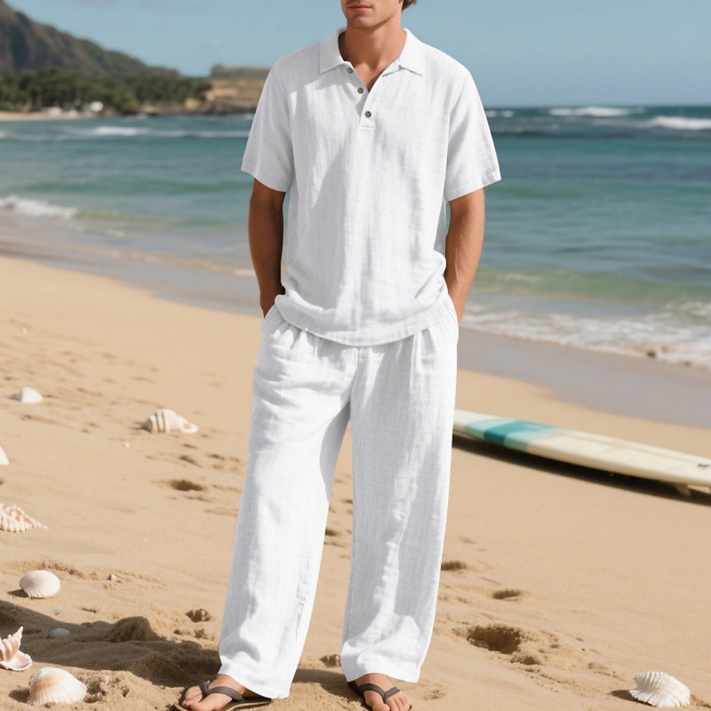 2-Piece Men's Linen Shirt Popover Shirt And Linen Pants Trousers Casual Pants Set Plain Daily Outdoor Beach Turndown Short Sleeve Summer Spring Fashion Casual Comfortable Clothing Apparel