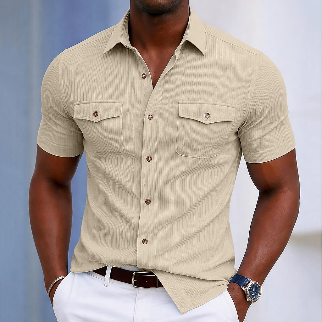 Men's Shirt Casual Shirt Corduroy Shirt Button Up Shirt Black White Yellow Navy Blue Brown Short Sleeve Plain Textured Shirt Collar Casual Daily Front Pocket Clothing Apparel Elegant Fashion Casual