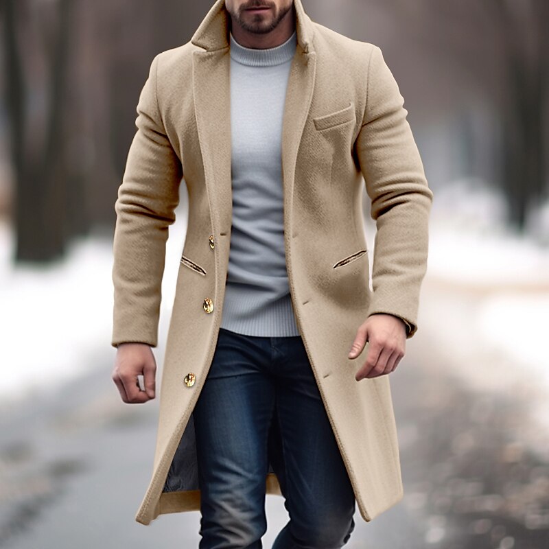 Men's Office & Career Daily Wear Winter Polyester Thermal Warm Windproof Outerwear Clothing Apparel Fashion Warm Ups Plain Pocket Lapel Single Breasted Winter Coat