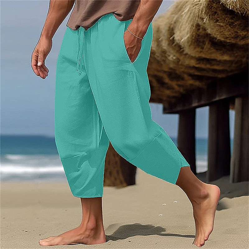 Men's Linen Pants Capri Pants Pocket Drawstring Elastic Waist Plain Comfort Breathable Calf-Length Vacation Daily Holiday Hawaiian Boho ArmyGreen Black