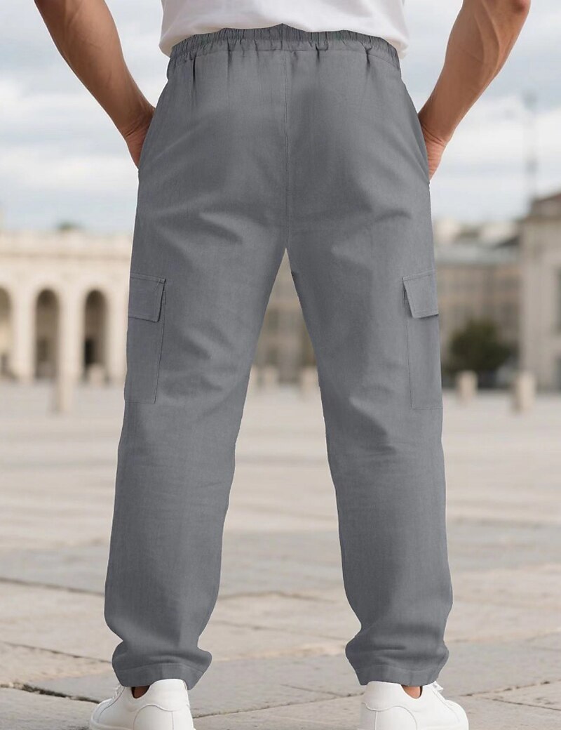 Men's Linen Pants Trousers Summer Pants Beach Pants Drawstring Elastic Waist Solid Color Comfort Breathable Full Length Daily Outdoor Beach Vacation Fashion Black White Inelastic