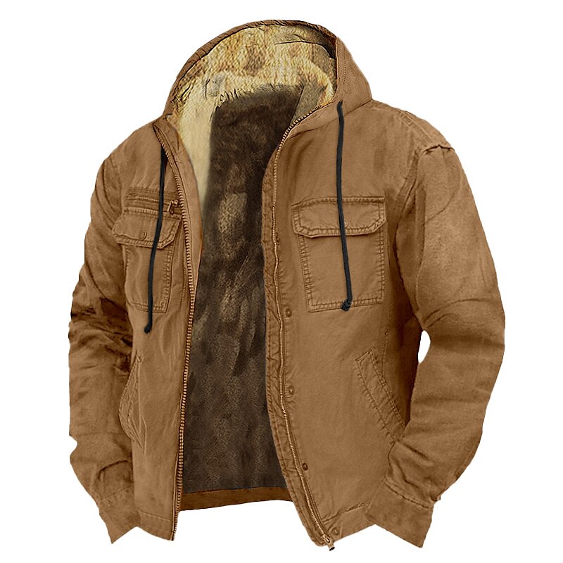Men's Hoodie Full Zip Hoodie Sherpa Linend Army Green Brown Khaki Gray Hooded Plain Pocket Sports & Outdoor Daily Holiday Vintage Streetwear Casual Fall & Winter Clothing Apparel Hoodies Sweatshirts