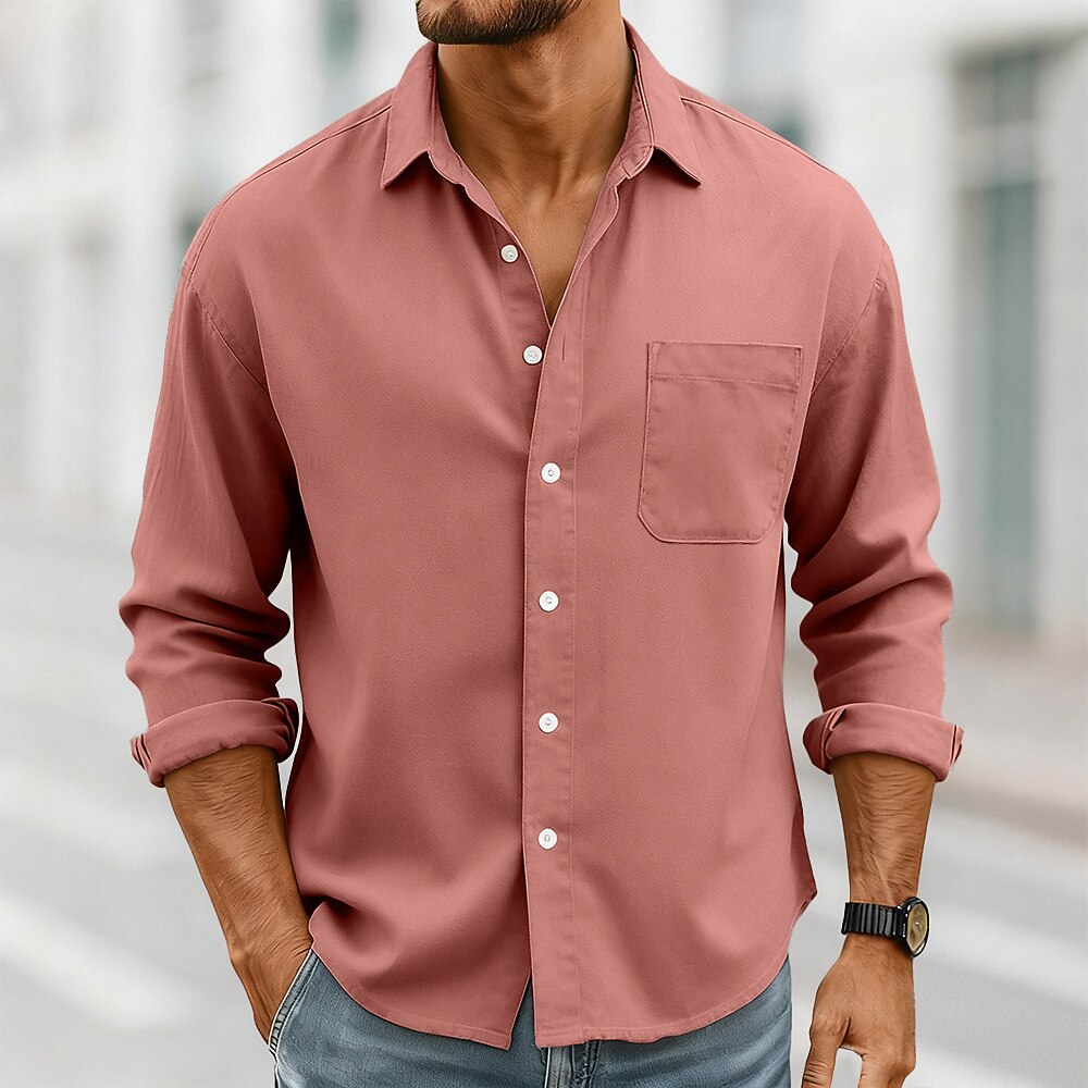 Men's Shirt Casual Shirt Button Up Shirt Black White Pink Red Navy Blue Long Sleeve Plain Lapel Casual Daily Front Pocket Clothing Apparel Elegant Fashion Casual