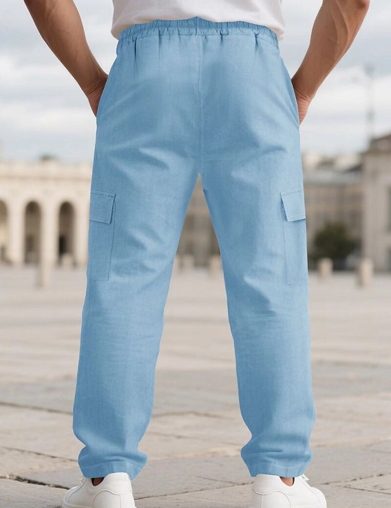 Men's Linen Pants Trousers Summer Pants Beach Pants Drawstring Elastic Waist Solid Color Comfort Breathable Full Length Daily Outdoor Beach Vacation Fashion Black White Inelastic