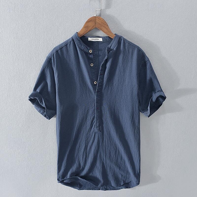 Men's Linen Shirt Shirt Summer Shirt Beach Shirt White Royal Blue Light Blue Short Sleeve Plain Stand Collar Summer Street Hawaiian Clothing Apparel