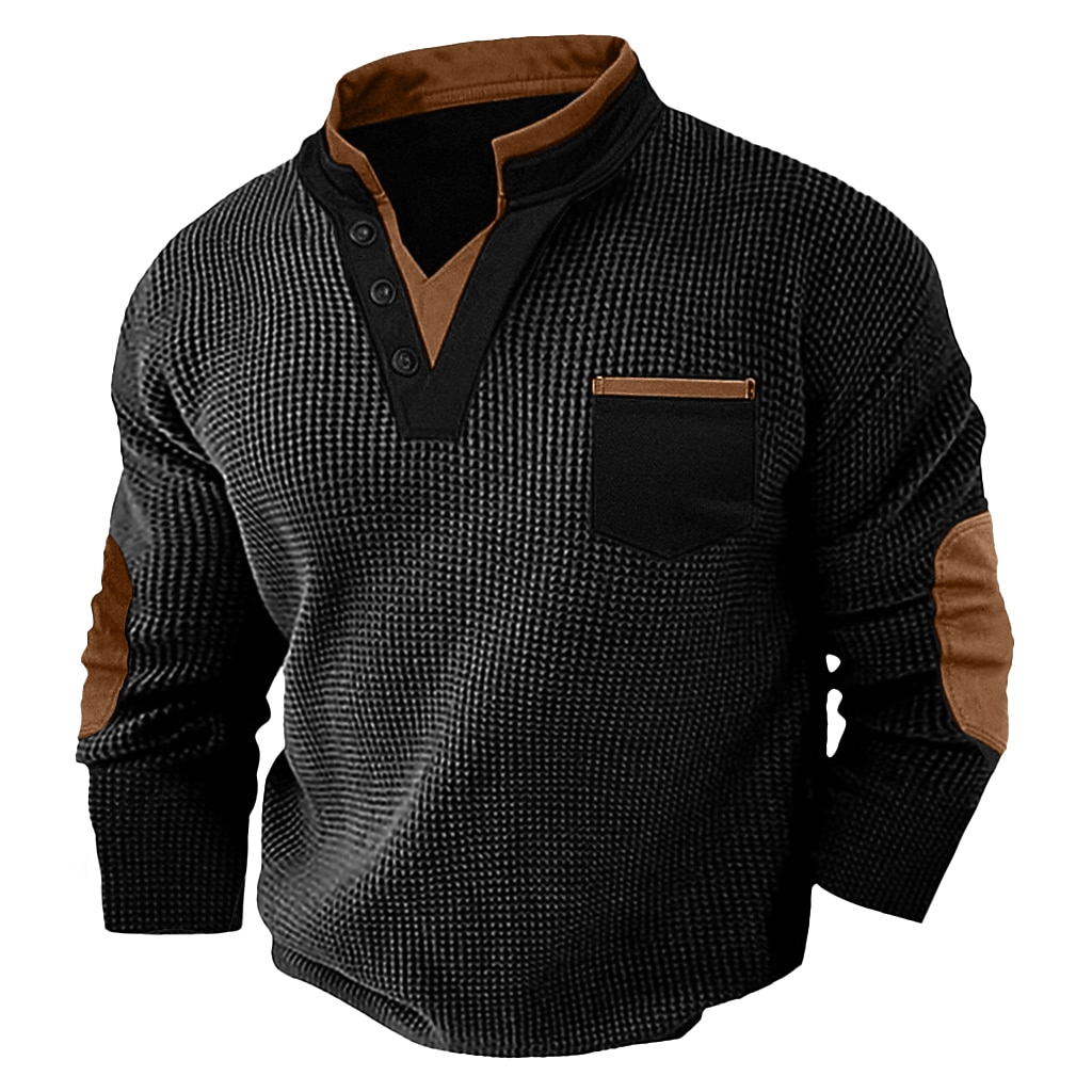 Men's Waffle Tee Waffle Henley Shirt Long Sleeve V Neck Spring &  Fall Solid Color Fashion Basic Fake two piece Street Casual Sports Black White Burgundy Top Tee for Men