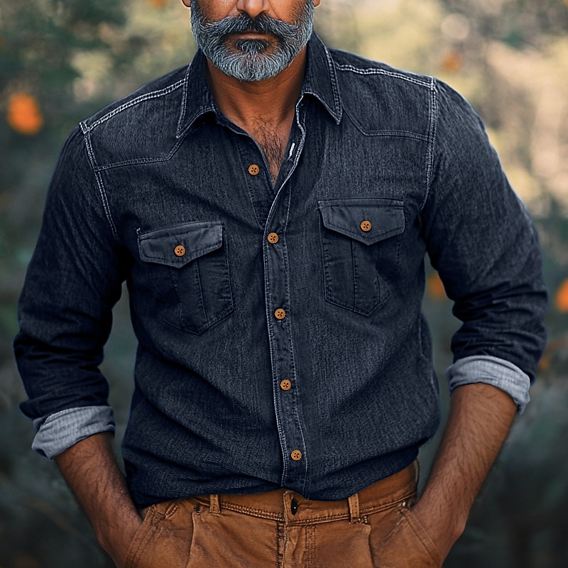 Men's Shirt Chambray Shirt Calico Shirt Casual Shirt Button Up Shirt Denim Shirt Black Navy Blue Blue Light Blue Long Sleeve Plain Collar Vacation Daily Clothing Apparel Fashion Casual