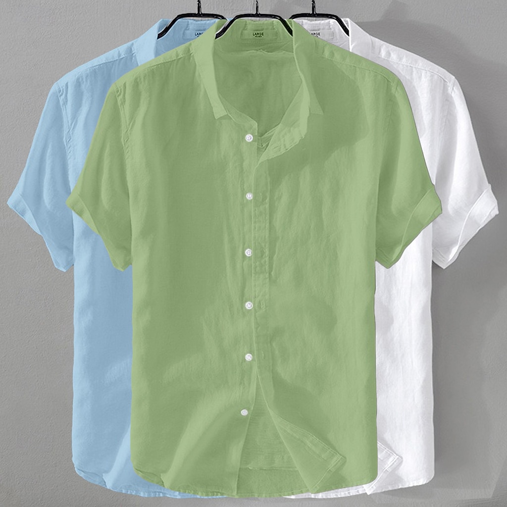 3-Piece Men's Shirt Linen Shirt Summer Shirt Beach Wear Button Up Shirt Plain Casual Beach Black+White+Gray Navy Blue+Blue+White Khaki+Green+Navy Blue Navy Blue+Blue+Black Short Sleeve Turndown Summer