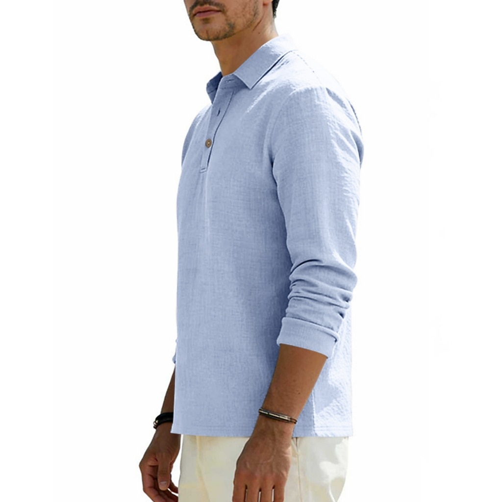 Men's Linen Shirt Polo Shirts Casual Street Lapel Long Sleeve Basic Modern Plain Buttons Spring Fall Regular Fit Black White Navy Blue Khaki Dark Grey Army Green Linen Shirt