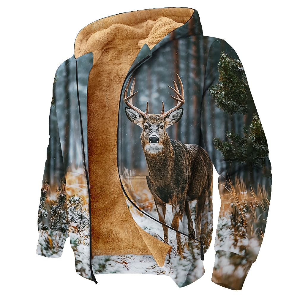 Men's Camo Camouflage Deer Fleece Hoodie Jacket Sweatshirt Classic Military Hunting Long Sleeve Crew Neck Outdoor Camping Light Blue Blue Brown Zip Up Fall Winter Designer S M L XL 2XL 3XL