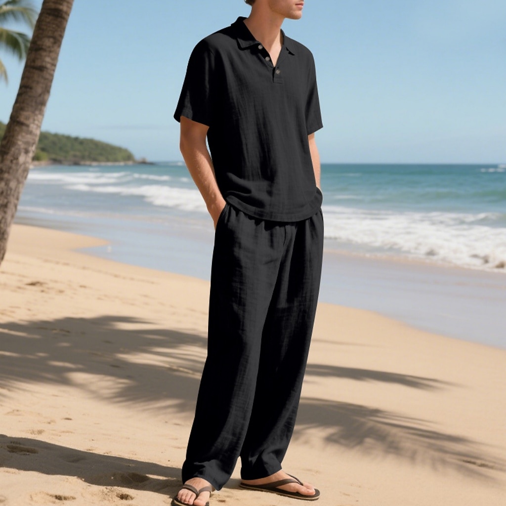 2-Piece Men's Linen Shirt Popover Shirt And Linen Pants Trousers Casual Pants Set Plain Daily Outdoor Beach Turndown Short Sleeve Summer Spring Fashion Casual Comfortable Clothing Apparel