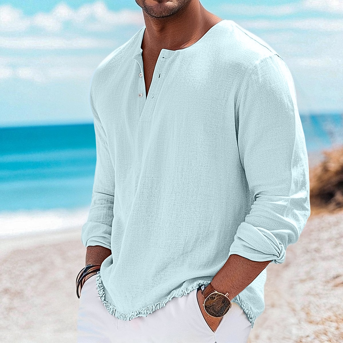 Men's Henley Shirt Tee Henley Top Linen T-Shirt Long Sleeve Solid Color Plain Solid Fashion Designer Casual Color Block Buttons Henley Outdoor Casual Daily Summer Spring All Seasons White Pink Light