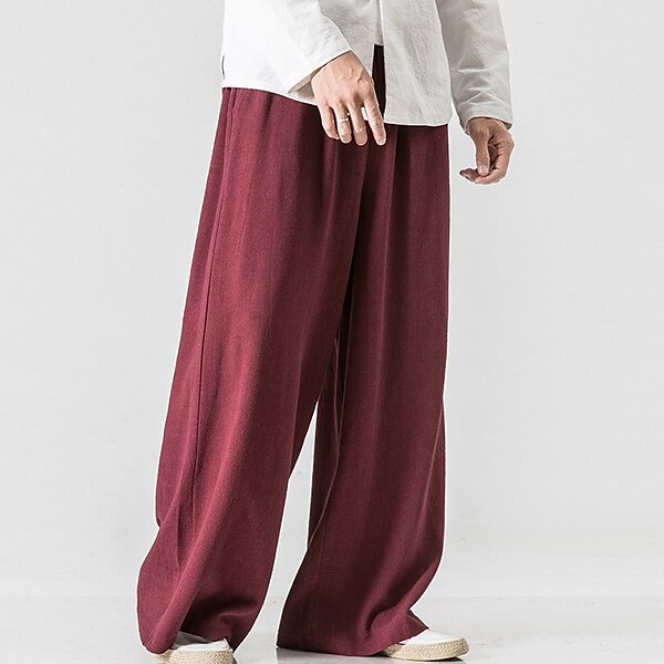 Men's Linen Pants Trousers Summer Pants Beach Pants Wide Leg Flowy Plain Comfort Breathable Full Length Casual Holiday Yoga Linen / Cotton Blend Fashion Streetwear Loose Fit Black Navy Blue