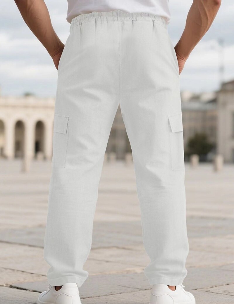 Men's Linen Pants Trousers Summer Pants Beach Pants Drawstring Elastic Waist Solid Color Comfort Breathable Full Length Daily Outdoor Beach Vacation Fashion Black White Inelastic