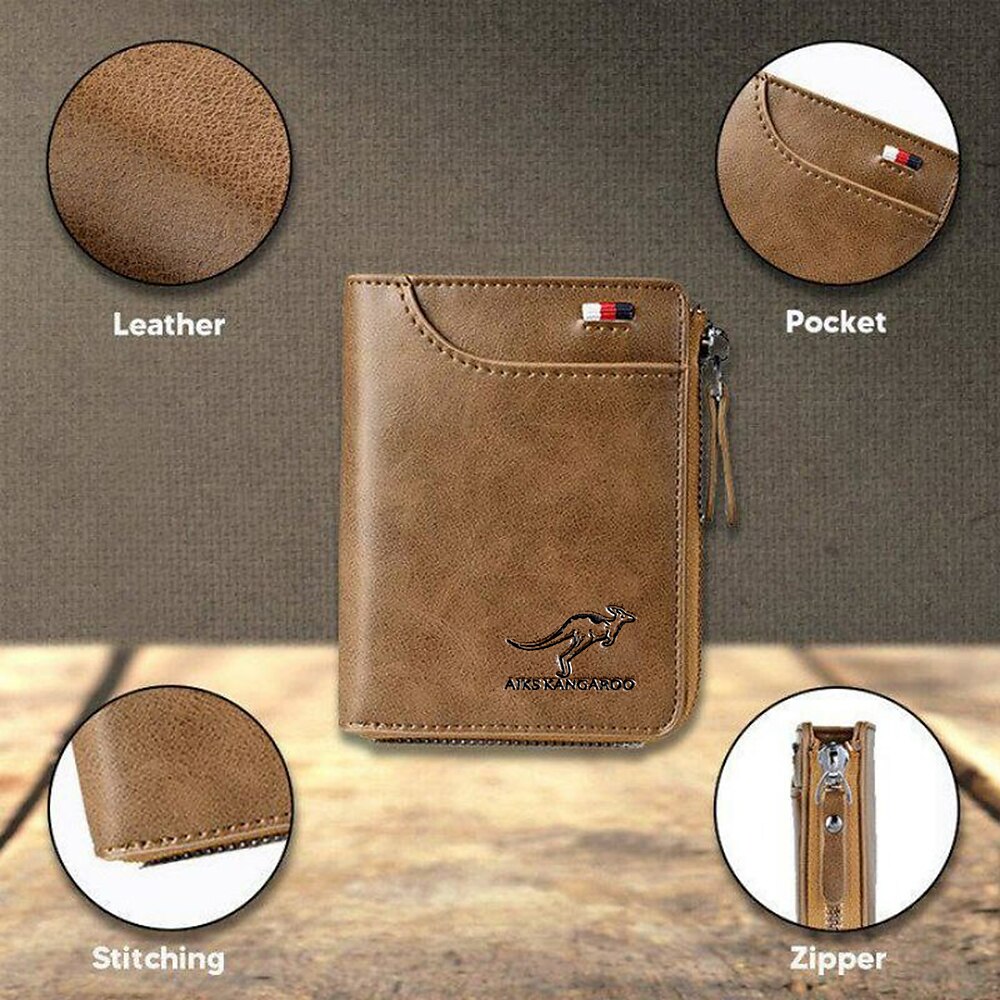 Kangaroo Men’s RFID Blocking PU Leather Wallet with Zipper, Multi-Slot Credit Card Holder, Business Purse