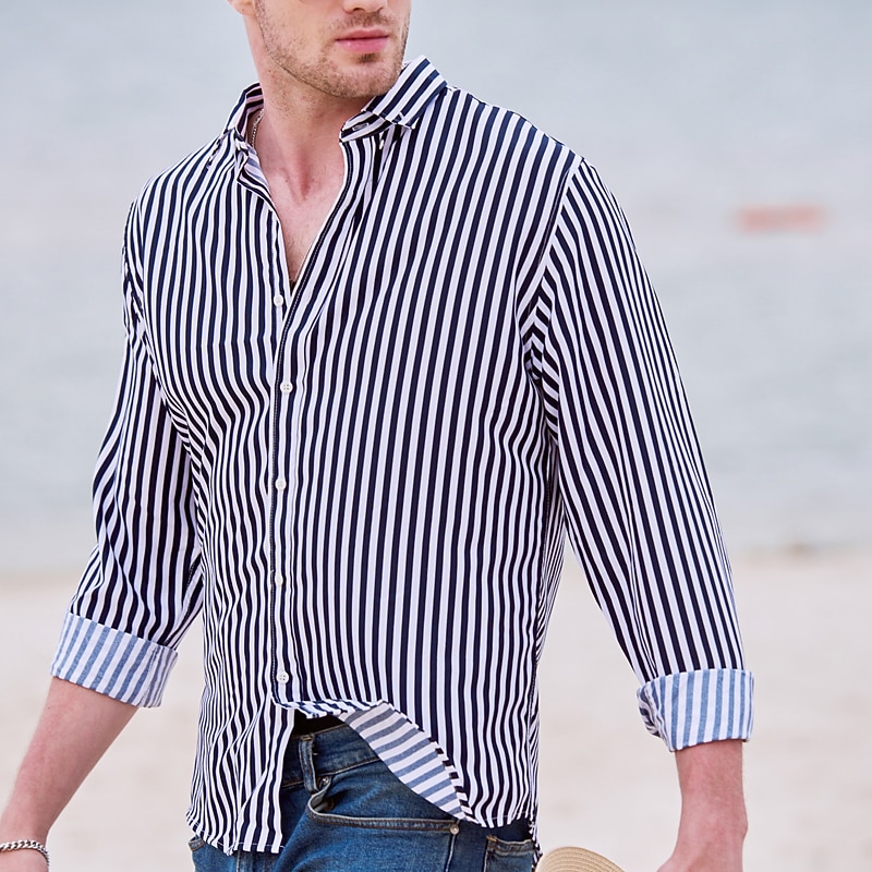 Men's Dress Shirt Striped Shirt Button Down Shirt Collared Shirt Striped Wedding Back to Office Black White Red Navy Blue Long Sleeve Clothing Apparel