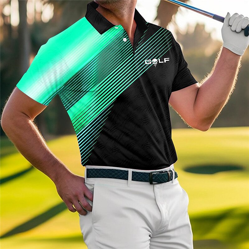 Men's Polo Shirt Lapel Polo Button Up Polos Golf Shirt Striped Letter Graphic Prints Geometry Turndown Blue-Green Red Blue Orange Green Outdoor Street Short Sleeves Print Clothing Apparel Sports