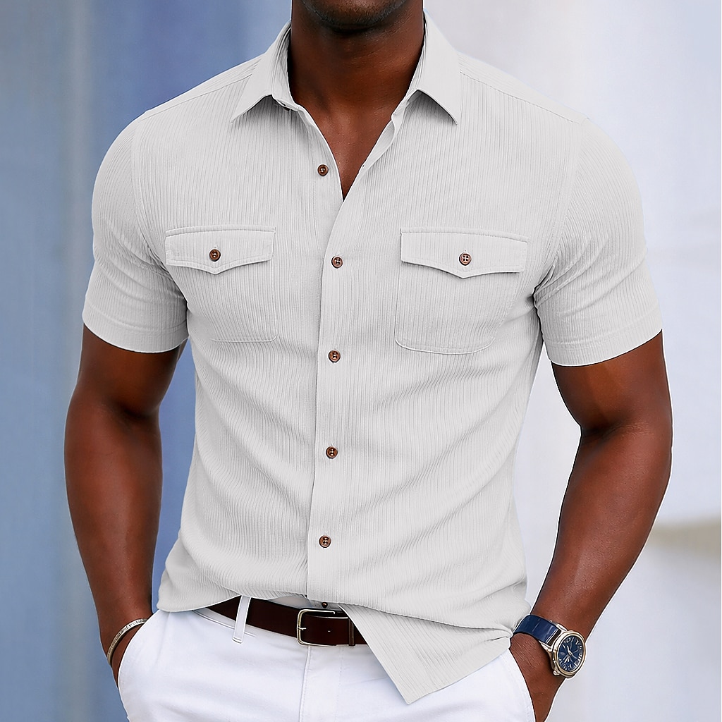 Men's Shirt Casual Shirt Corduroy Shirt Button Up Shirt Black White Yellow Navy Blue Brown Short Sleeve Plain Textured Shirt Collar Casual Daily Front Pocket Clothing Apparel Elegant Fashion Casual