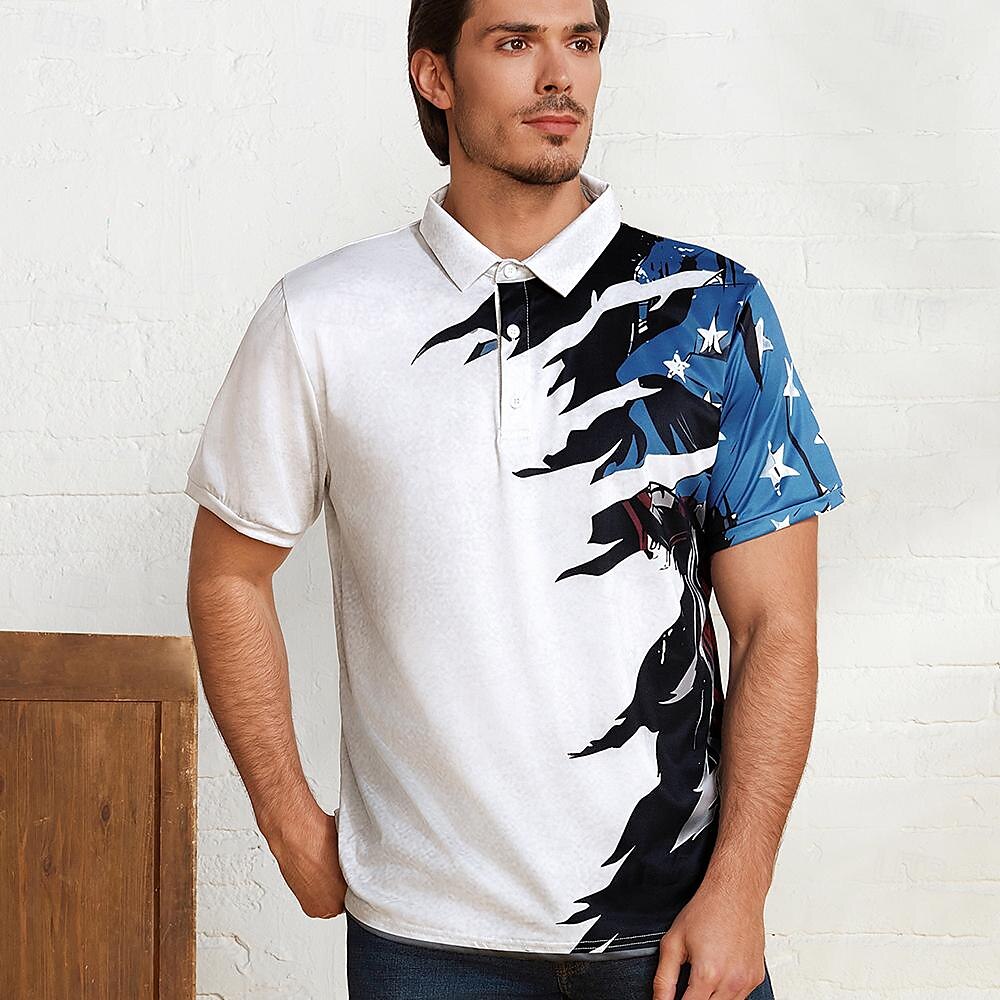 Men's Polo Shirt Golf Shirt American Flag Turndown White & Blue Custom Print White Navy Blue Blue 3D Print Street Daily Short Sleeve 3D Button-Down Clothing Apparel Fashion Casual Comfortable