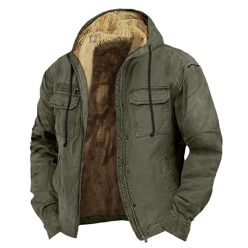 Men's Hoodie Full Zip Hoodie Sherpa Linend Army Green Brown Khaki Gray Hooded Plain Pocket Sports & Outdoor Daily Holiday Vintage Streetwear Casual Fall & Winter Clothing Apparel Hoodies Sweatshirts