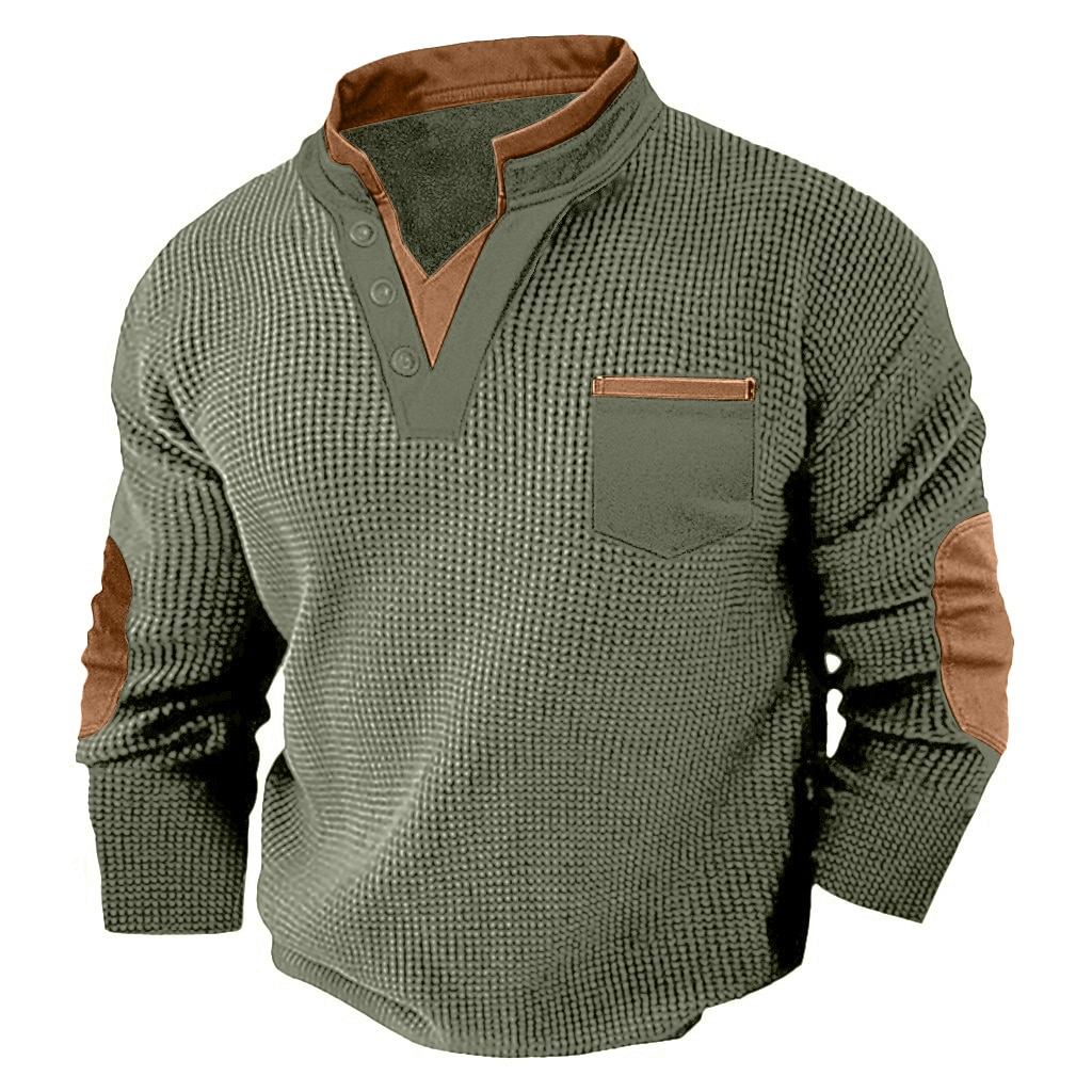 Men's Waffle Tee Waffle Henley Shirt Long Sleeve V Neck Spring &  Fall Solid Color Fashion Basic Fake two piece Street Casual Sports Black White Burgundy Top Tee for Men