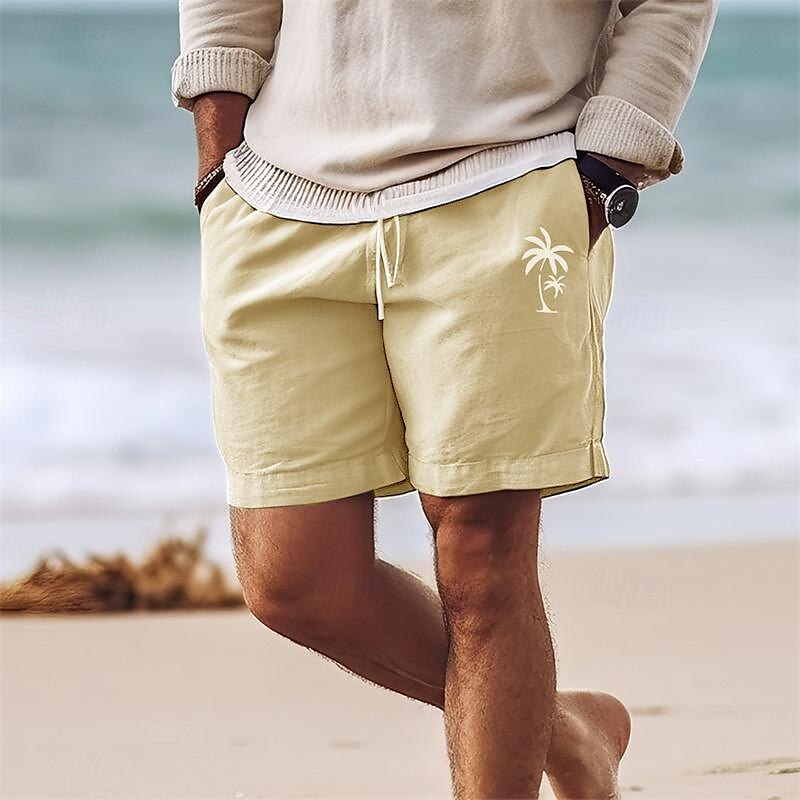 Men's Cotton Shorts Summer Shorts Beach Shorts Print Drawstring Elastic Waist Coconut Tree Comfort Breathable Short Outdoor Holiday Going out Cotton Blend Hawaiian Casual ArmyGreen Black