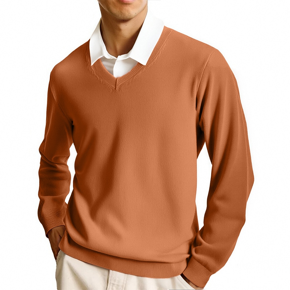 Men's Pullover Sweater Jumper Casual Sweater Knit Sweater Ribbed Knit Regular Tops Knitted Plain V Neck Fashion Casual Vacation Daily Wear Clothing Apparel Fall Winter Camel Wine S M L