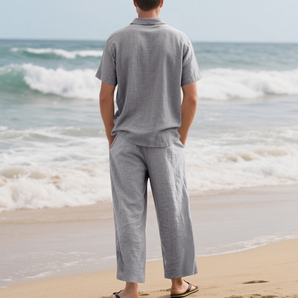 2-Piece Men's Linen Shirt Popover Shirt And Linen Pants Trousers Casual Pants Set Plain Daily Outdoor Beach Turndown Short Sleeve Summer Spring Fashion Casual Comfortable Clothing Apparel