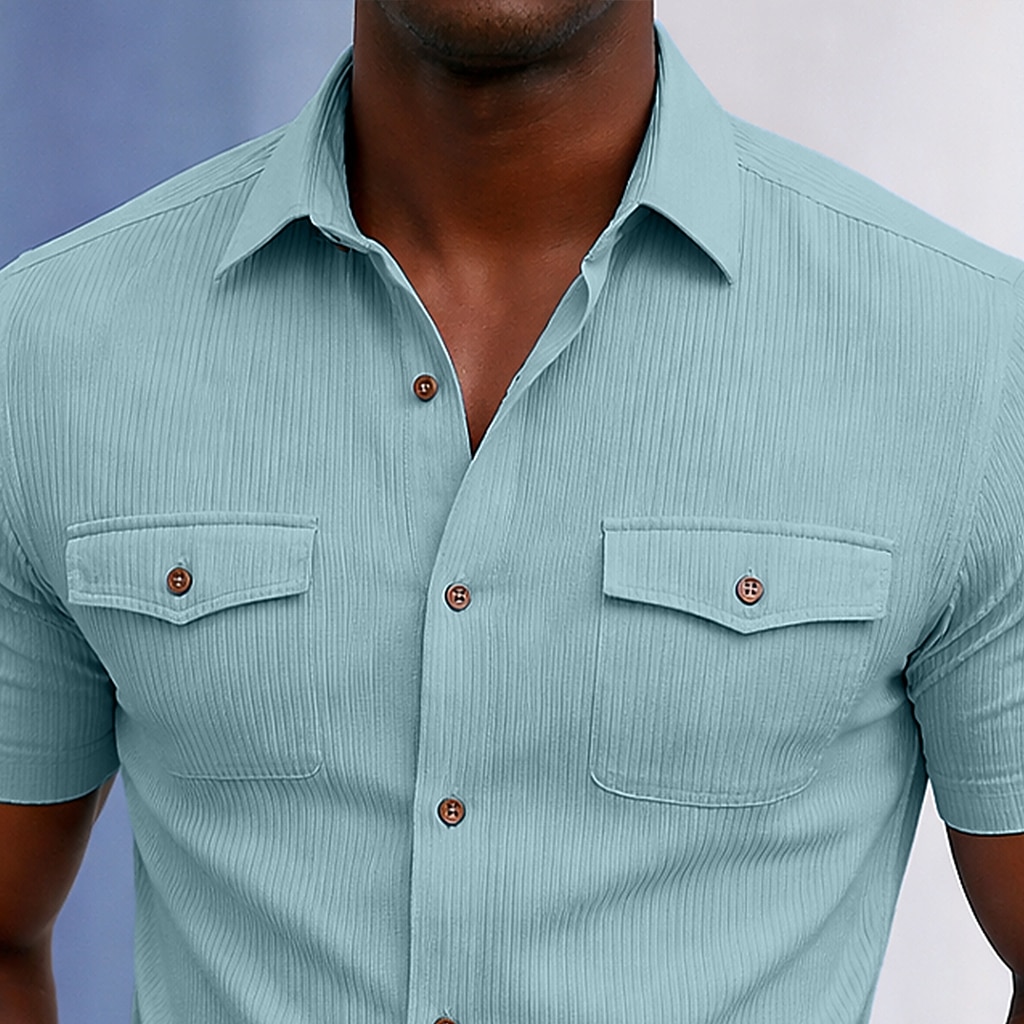 Men's Shirt Casual Shirt Corduroy Shirt Button Up Shirt Black White Yellow Navy Blue Brown Short Sleeve Plain Textured Shirt Collar Casual Daily Front Pocket Clothing Apparel Elegant Fashion Casual