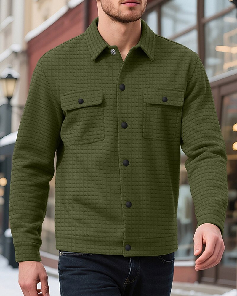 Men's Waffle Jacket Shirt Jacket Casual Jacket Vacation Daily Breathable Jacquard Pocket Spring Fall Plain Fashion Classic Lapel Regular Black White Khaki Army Green Dark Gray Jacket