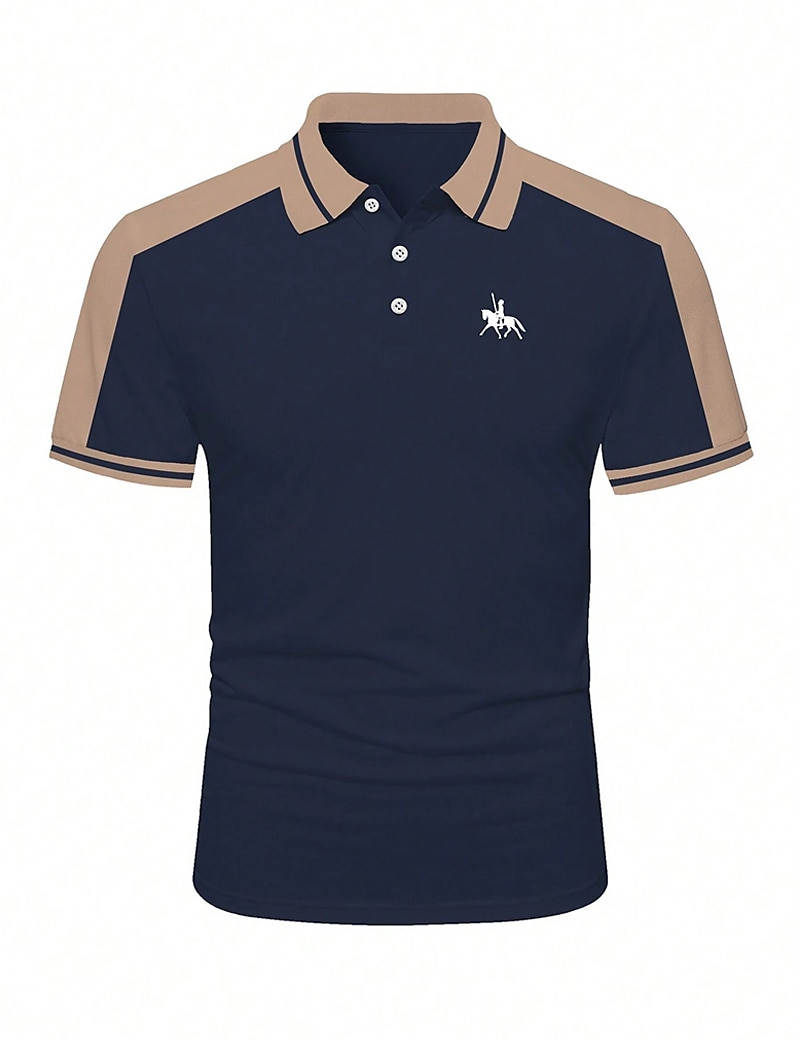 Men's Button Up Casual Holiday Lapel Short Sleeve Fashion Basic Color Block Patchwork Embroidered Summer Regular Fit Polo Shirt