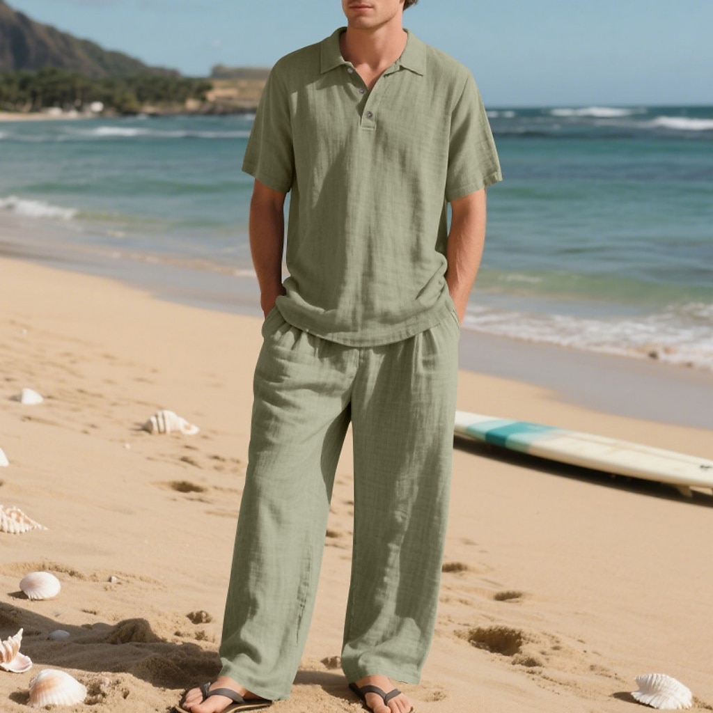 2-Piece Men's Linen Shirt Popover Shirt And Linen Pants Trousers Casual Pants Set Plain Daily Outdoor Beach Turndown Short Sleeve Summer Spring Fashion Casual Comfortable Clothing Apparel