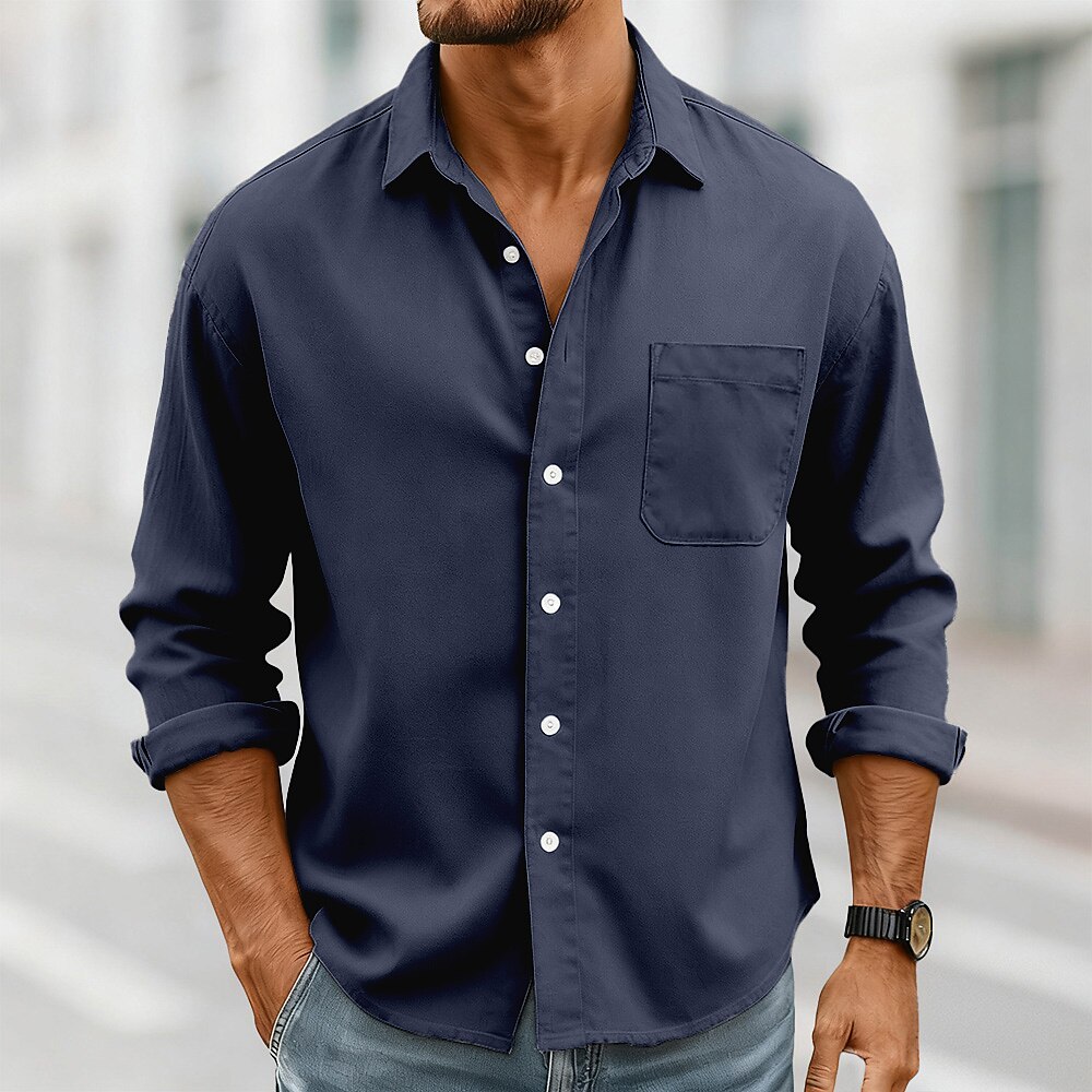 Men's Shirt Casual Shirt Button Up Shirt Black White Pink Red Navy Blue Long Sleeve Plain Lapel Casual Daily Front Pocket Clothing Apparel Elegant Fashion Casual