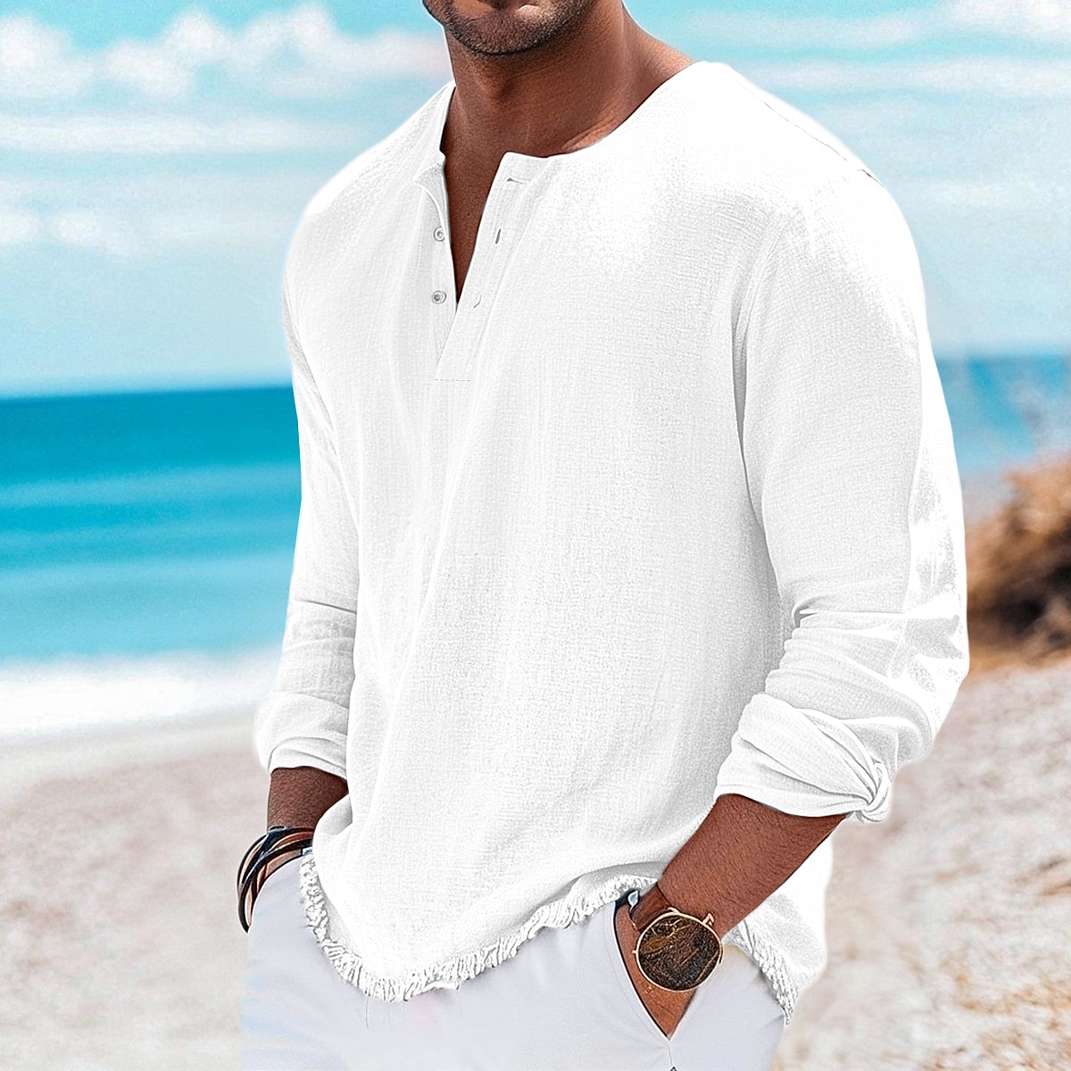 Men's Henley Shirt Tee Henley Top Linen T-Shirt Long Sleeve Solid Color Plain Solid Fashion Designer Casual Color Block Buttons Henley Outdoor Casual Daily Summer Spring All Seasons White Pink Light