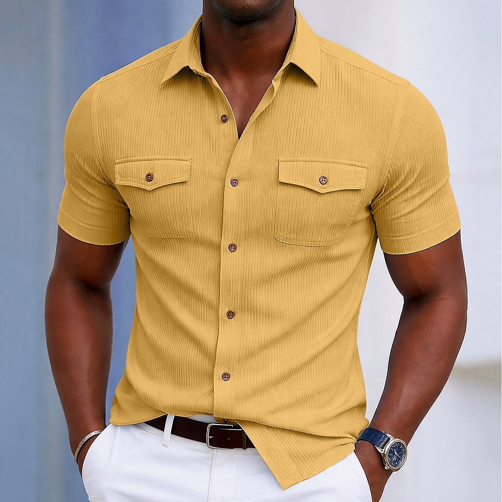 Men's Shirt Casual Shirt Corduroy Shirt Button Up Shirt Black White Yellow Navy Blue Brown Short Sleeve Plain Textured Shirt Collar Casual Daily Front Pocket Clothing Apparel Elegant Fashion Casual