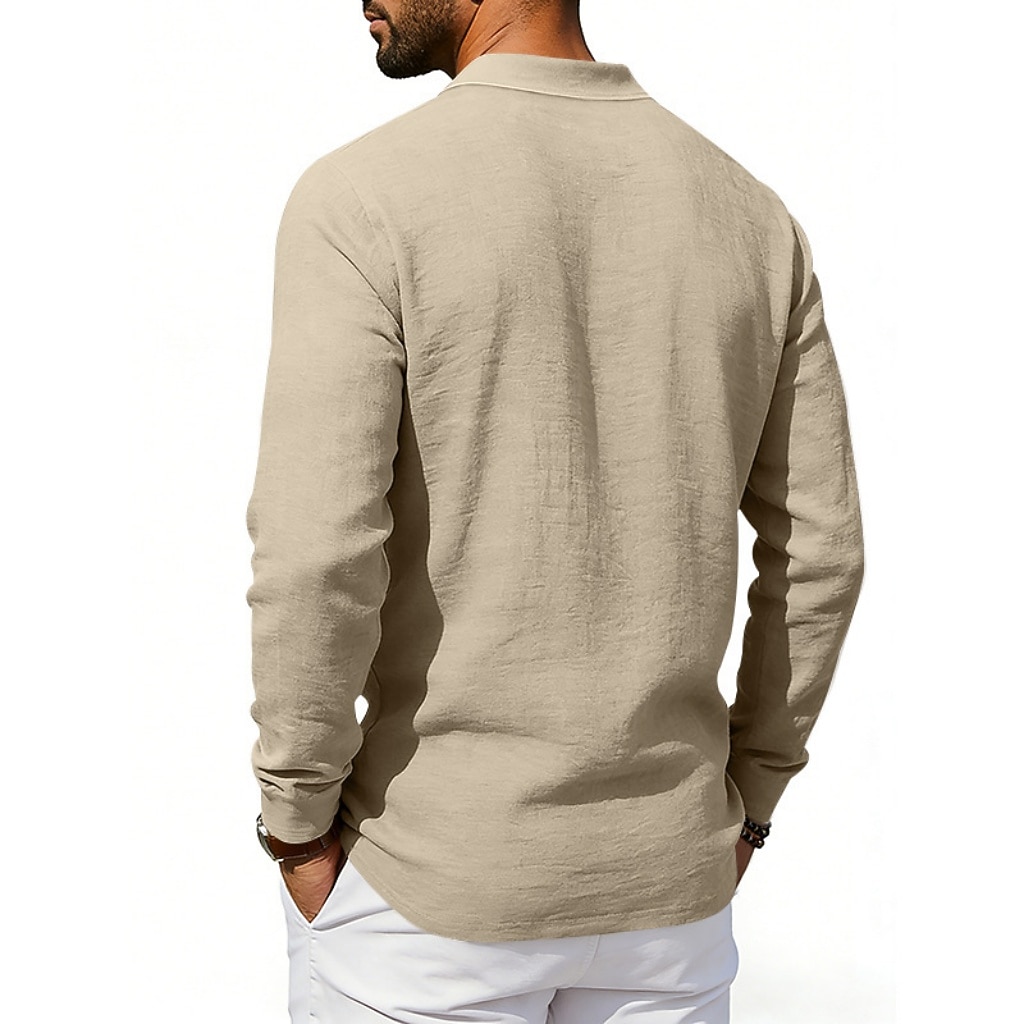 Men's Linen Shirt Polo Shirts Casual Street Lapel Long Sleeve Basic Modern Plain Buttons Spring Fall Regular Fit Black White Navy Blue Khaki Dark Grey Army Green Linen Shirt