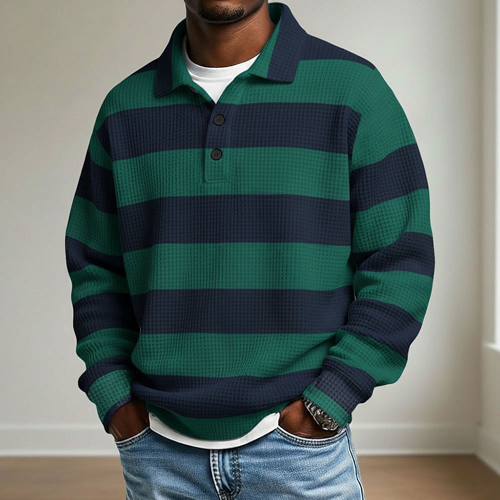Men's Horizontal Stripes Waffle Polo Shirts Rugby Polo Long Sleeve Polo Shirts Collared Shirts Casual Athleisure Daily Wear Buttons Spring Fall Winter Blue Red Green