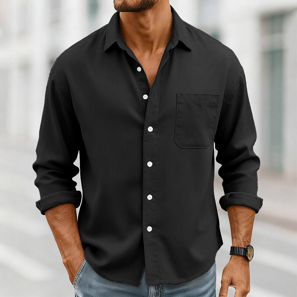 Men's Shirt Casual Shirt Button Up Shirt Black White Pink Red Navy Blue Long Sleeve Plain Lapel Casual Daily Front Pocket Clothing Apparel Elegant Fashion Casual