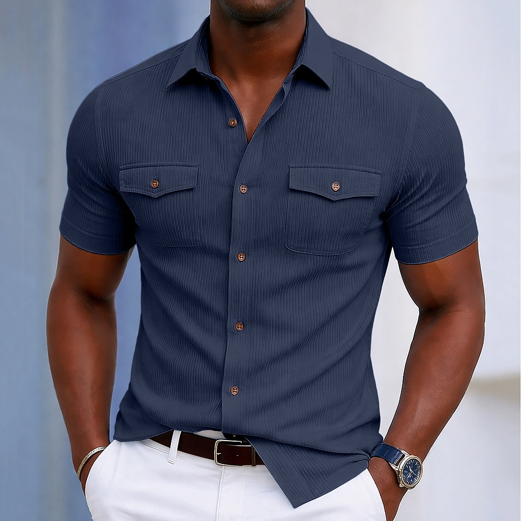 Men's Shirt Casual Shirt Corduroy Shirt Button Up Shirt Black White Yellow Navy Blue Brown Short Sleeve Plain Textured Shirt Collar Casual Daily Front Pocket Clothing Apparel Elegant Fashion Casual
