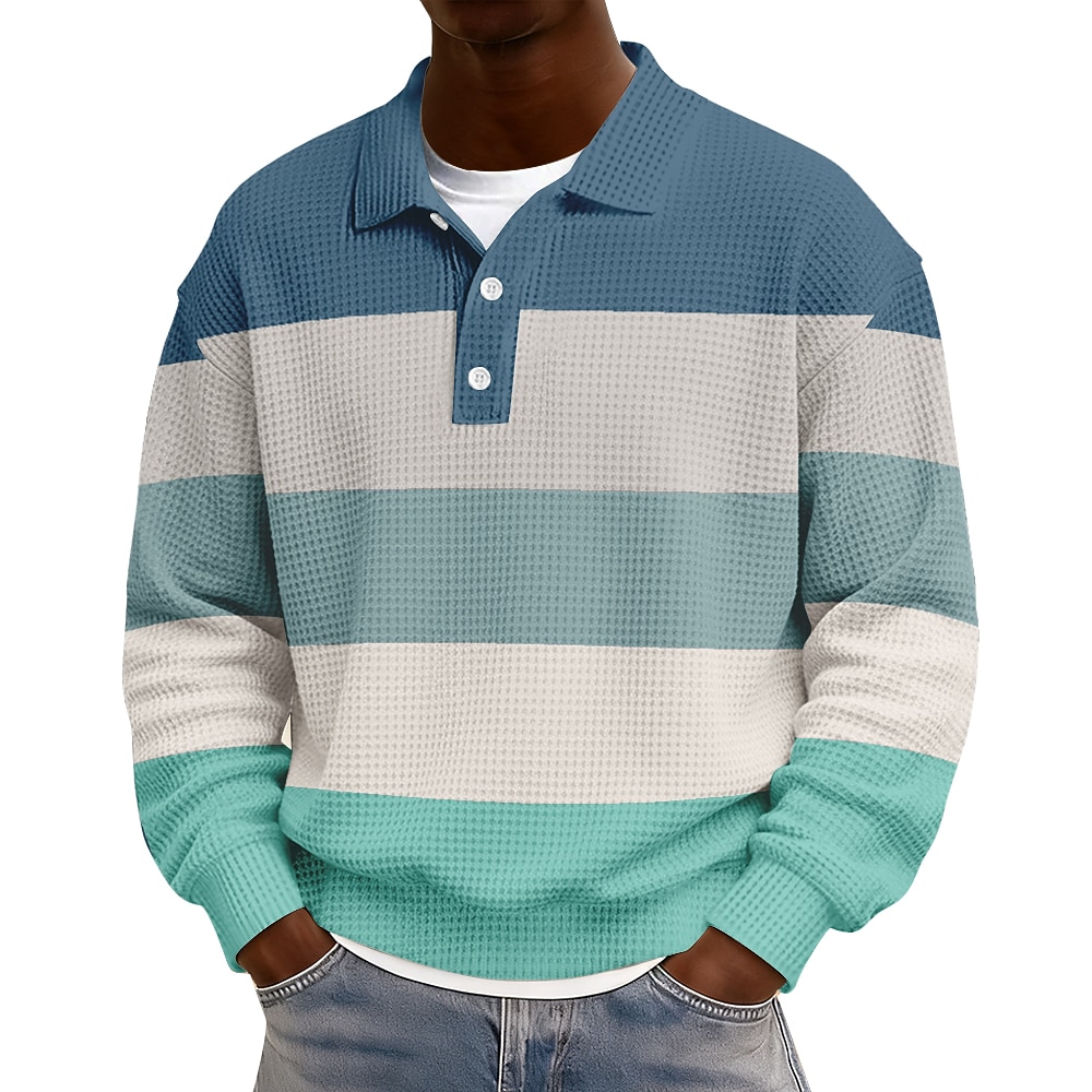 Men's Horizontal Stripes Waffle Polo Shirts Rugby Polo Long Sleeve Polo Shirts Lapel Sportswear Casual School Athleisure Daily Wear 3D Print Spring Fall Winter Blue Pink Brown