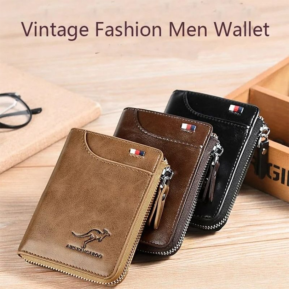 Kangaroo Men’s RFID Blocking PU Leather Wallet with Zipper, Multi-Slot Credit Card Holder, Business Purse