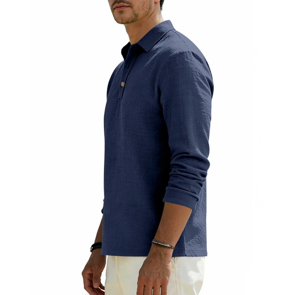 Men's Linen Shirt Polo Shirts Casual Street Lapel Long Sleeve Basic Modern Plain Buttons Spring Fall Regular Fit Black White Navy Blue Khaki Dark Grey Army Green Linen Shirt