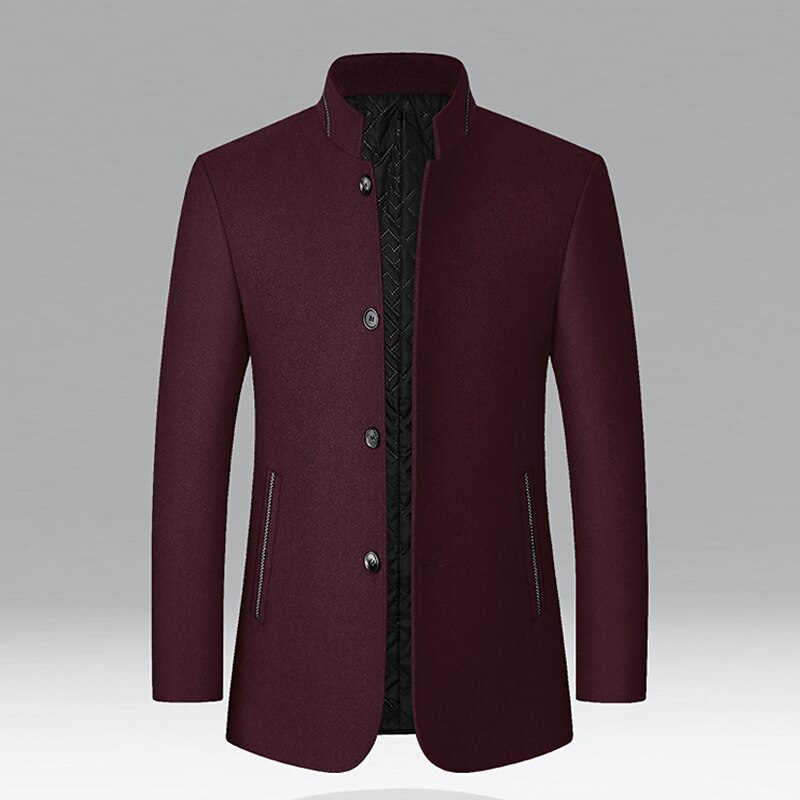 Men's Peacoat Trench Coat Vacation Daily Fall Winter Windproof Outerwear Clothing Apparel Fashion Classic Plain Pocket Stand Collar Single Breasted