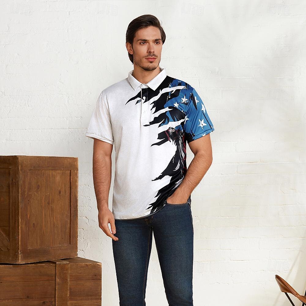 Men's Polo Shirt Golf Shirt American Flag Turndown White & Blue Custom Print White Navy Blue Blue 3D Print Street Daily Short Sleeve 3D Button-Down Clothing Apparel Fashion Casual Comfortable