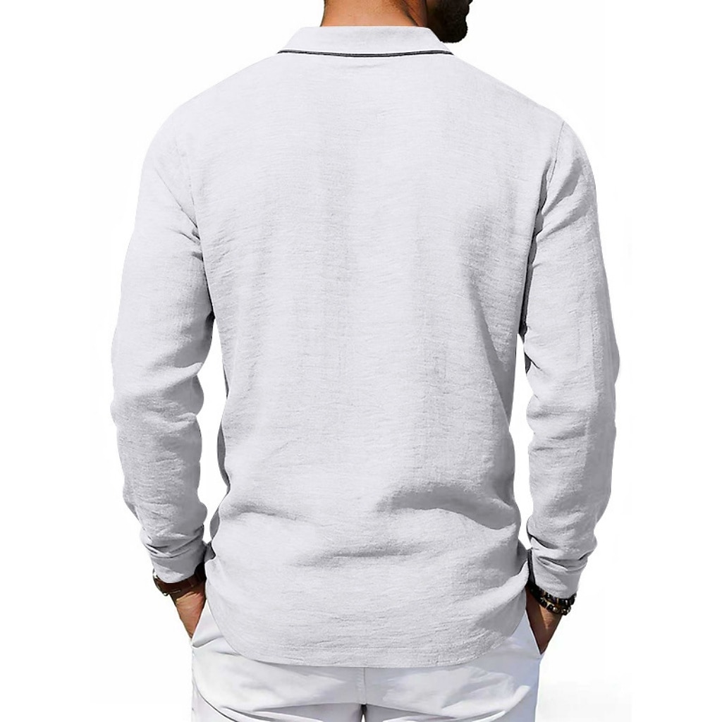 Men's Linen Shirt Polo Shirts Casual Street Lapel Long Sleeve Basic Modern Plain Buttons Spring Fall Regular Fit Black White Navy Blue Khaki Dark Grey Army Green Linen Shirt