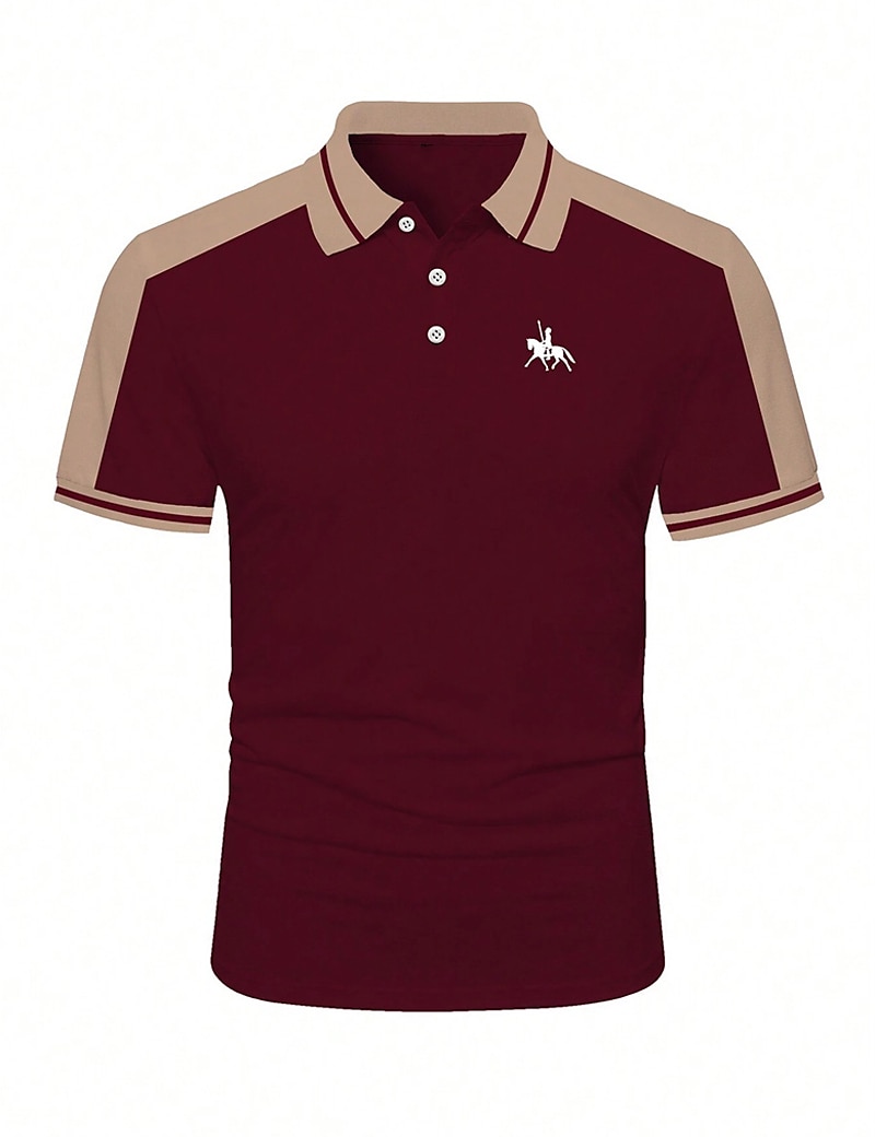 Men's Button Up Casual Holiday Lapel Short Sleeve Fashion Basic Color Block Patchwork Embroidered Summer Regular Fit Polo Shirt